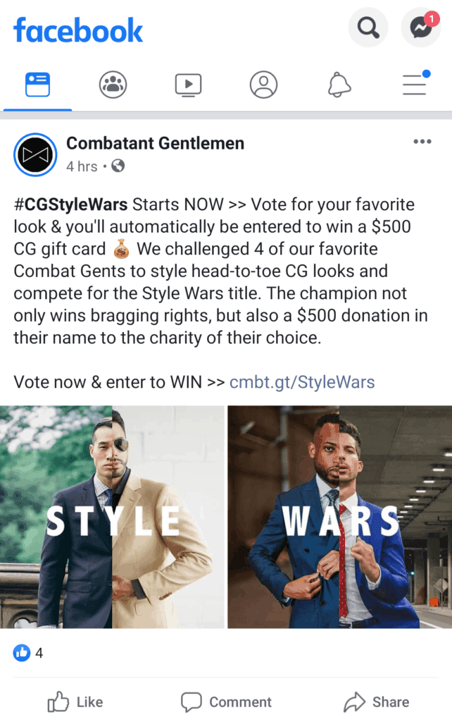 Facebook offer ad from Combatant Gentlemen
