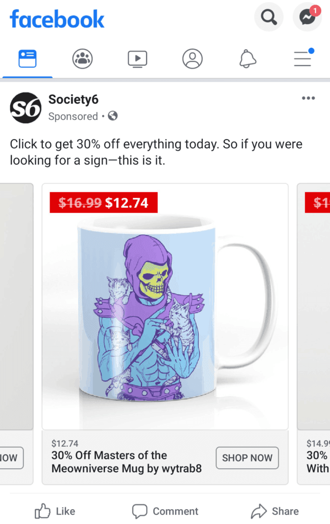 Facebook offer ad from Society6